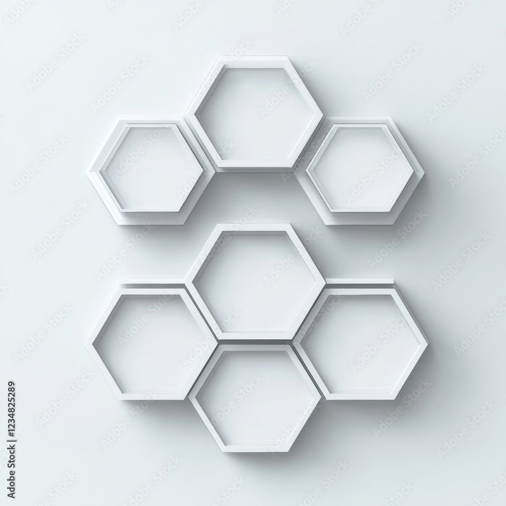 Poster hexagonal shelves arranged on a minimalist white wall creating a modern decorative display in a cont