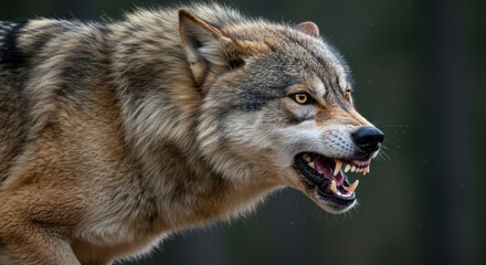 Obraz premium Aggressive wolf snarling in a forest setting, showcasing its fierce demeanor