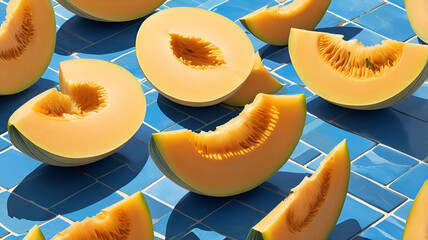 Sliced yellow melon on blue tiles in the sun.