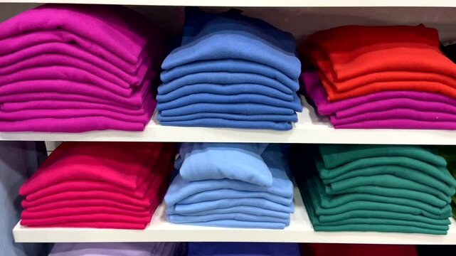 Colorful woolen clothing on the shelves in shop for sale. Fashionable multicolored clothes in a boutique. Cozy autumn and winter wardrobe, warm knitted dress retail background,4K