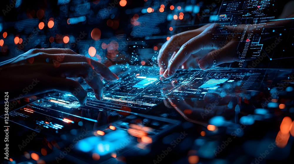 Poster hands interacting with a digital interface, showcasing technology and data processing