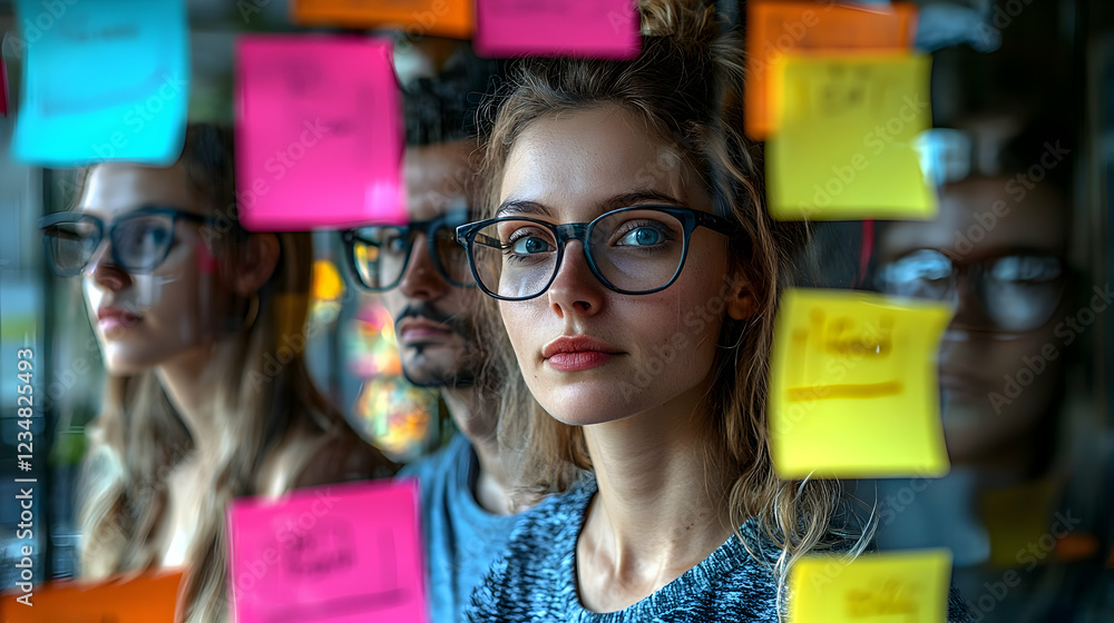 Poster focused group of individuals brainstorming ideas with colorful sticky notes in background