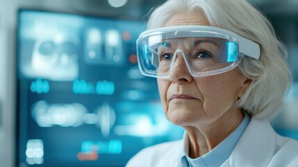 Medicare myth. Senior scientist wearing protective eyewear, engaged in high-tech research in a lab environment.