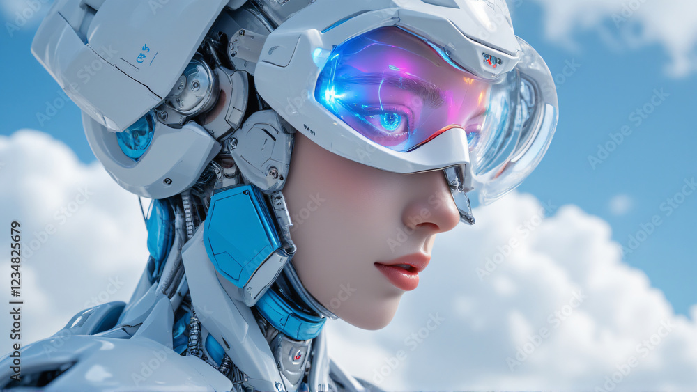 Aufkleber futuristic humanoid robot with advanced features, sleek design, glowing accents, clear blue sky, per