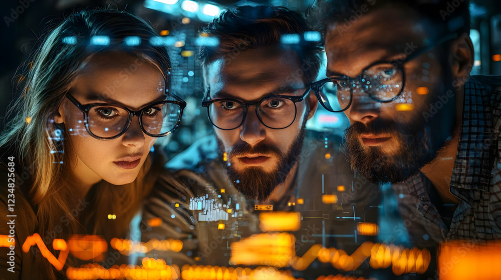 Poster three focused individuals analyzing data on a futuristic interface in a tech environment