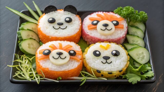 Colorful sushi rolls resembling panda, red panda, and tiger faces, arranged on a black plate with cucumber, parsley, and chives, creating a fun meal for kids