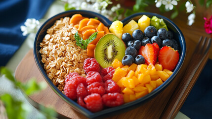Healthy Heart Shaped Fruit Oatmeal Bowl Breakfast Delicious Granola Raspberries Blueberries Kiwi Eat