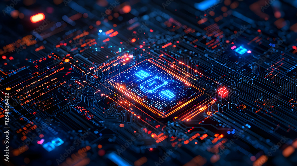 Poster abstract close-up of a glowing microchip surrounded by colorful circuit patterns