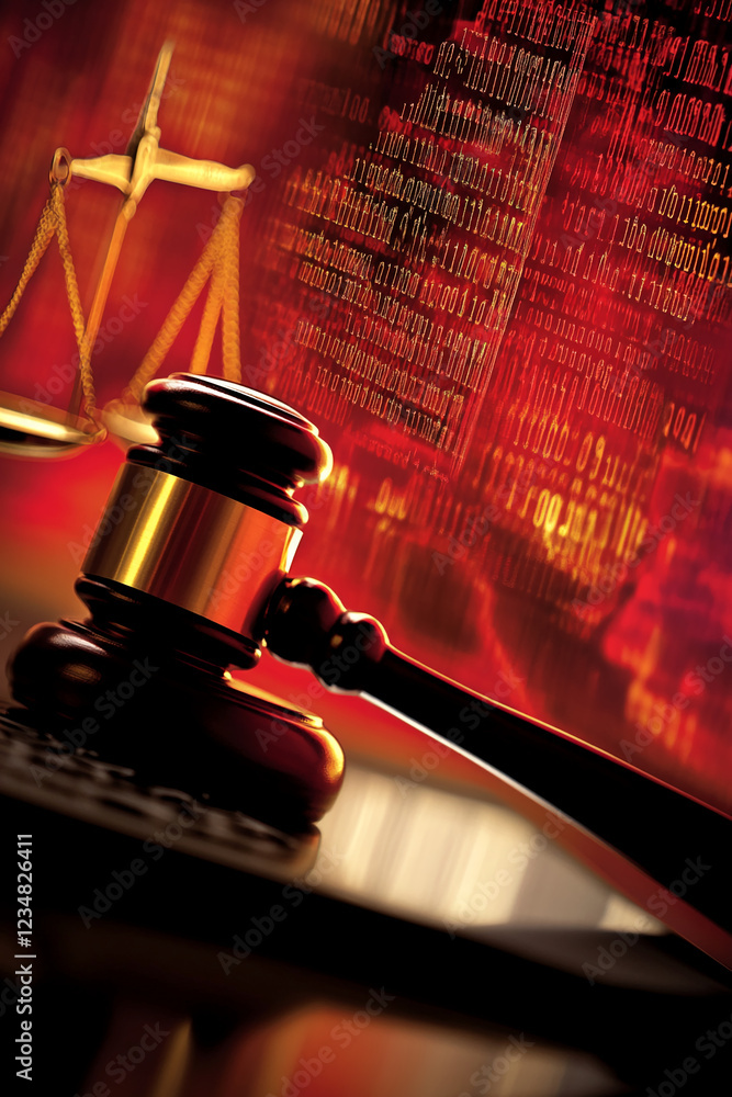 Fototapete Close-up of a gavel and scales of justice with a digital binary code background, symbolizing the intersection of law and technology.