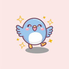 Super Cute Chabi blue bird Happy expression. kawaii style. Kids tee print design. Pet Animal Icon in flat cartoon style