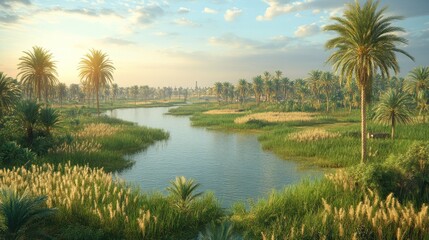 Serene Oasis River Landscape at Dawn