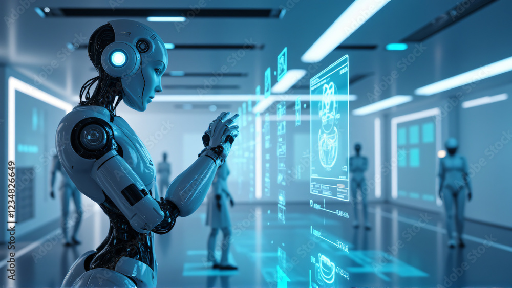 Poster futuristic humanoid robot interacting with holographic interface in a modern high-tech environment w