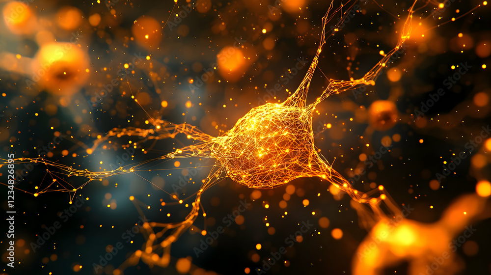 Poster abstract representation of interconnected neurons with glowing particles in a dark background