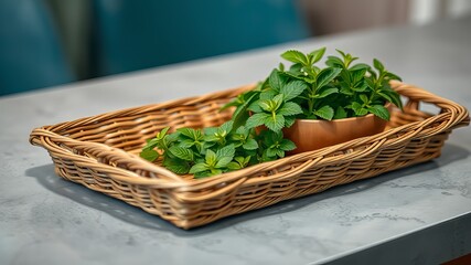 Obraz premium Fresh Mint in Wicker Tray - Grey Tabletop Still Life Photography