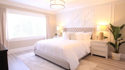 Bright and airy bedroom featuring a plush bed, elegant decor, and a serene window view