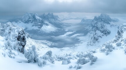 Obraz premium Snowy mountain vista, frigid peaks, valley view, winter landscape