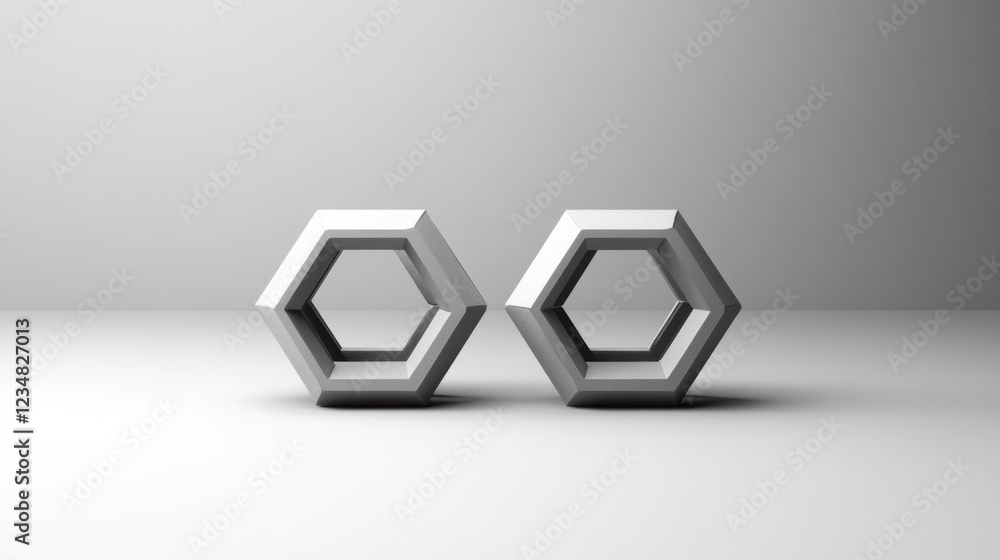 Poster modern hexagonal concrete sculptures in minimalistic setting on light hued surface. generative ai
