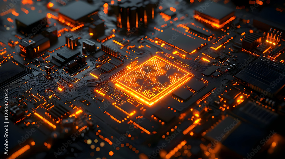 Poster close-up view of a glowing circuit board with intricate details and vibrant colors