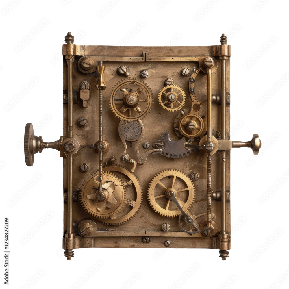 Poster intricate brass gears and levers showcase complex mechanism of mechanical device