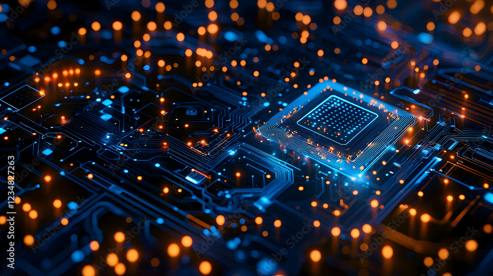 Poster close-up of a futuristic microchip surrounded by glowing circuitry and lights
