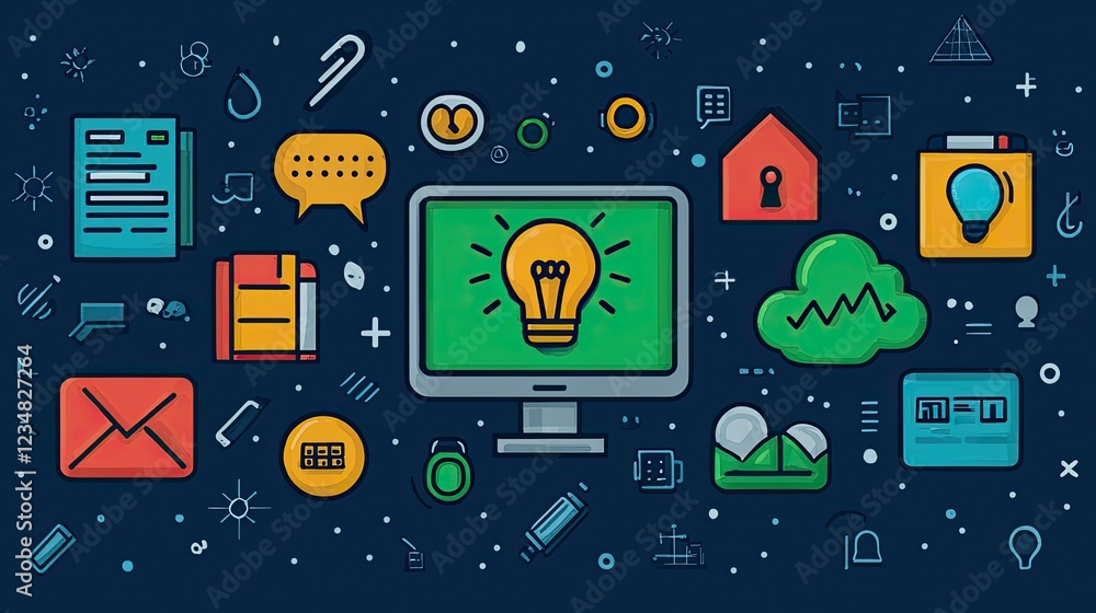 Poster computer displaying idea surrounded by various digital elements