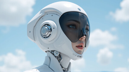 Fototapeta premium Futuristic robot with sleek design and advanced features against a clear blue sky, showcasing intricate details and a humanoid appearance combined with technology.