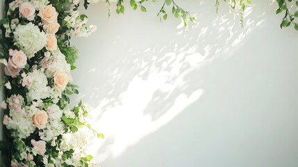 Peach Roses Hydrangeas and Greenery Frame a White Wall