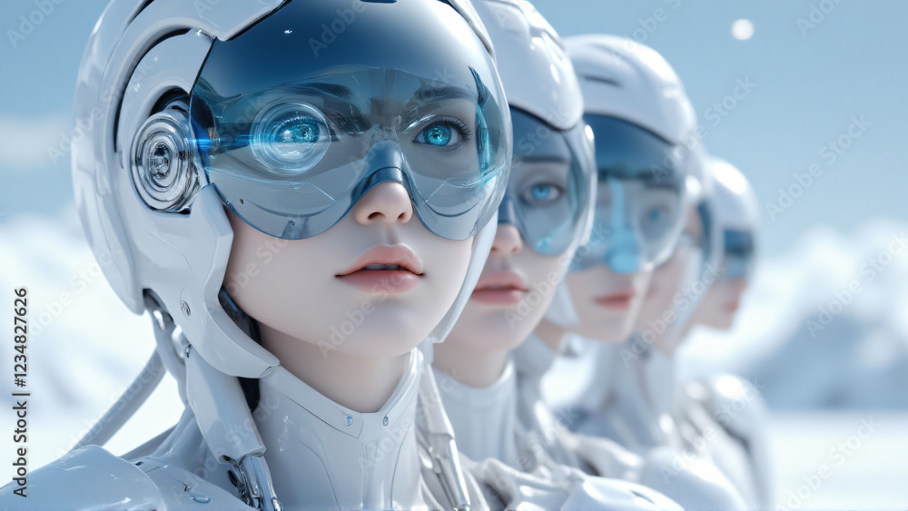 Poster futuristic robots with sleek designs standing in a line against a snowy backdrop, showcasing advance