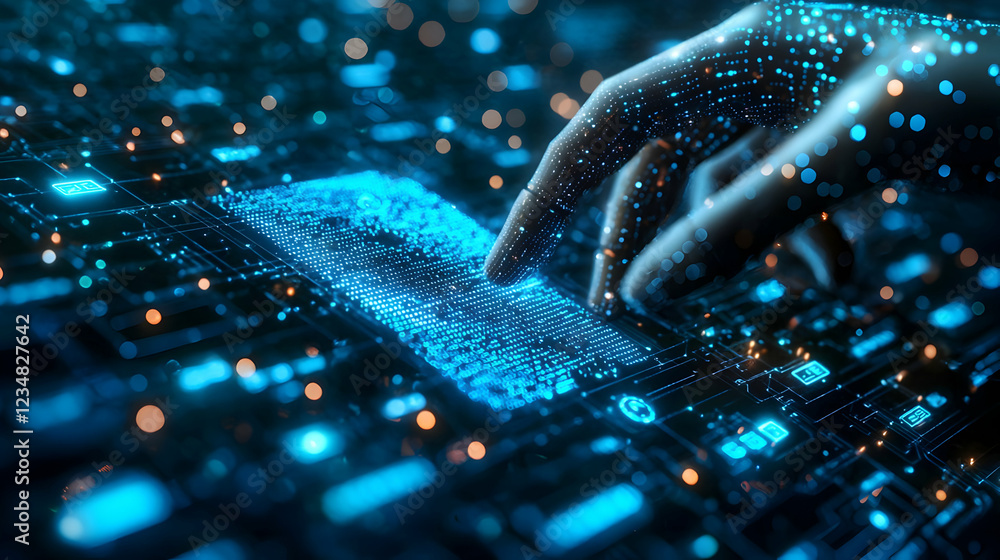 Poster futuristic hand interacting with glowing digital interface in a tech environment