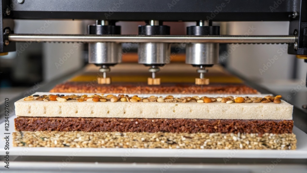 Aufkleber automated industrial food printing machine adding nuts and seeds on top of cereal bars, creating a h