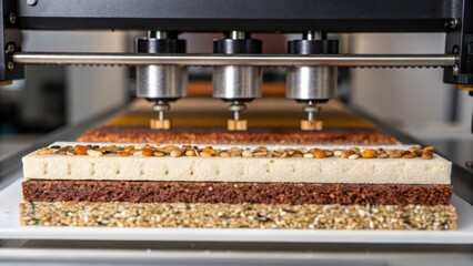 Automated industrial food printing machine adding nuts and seeds on top of cereal bars, creating a healthy and delicious snack during the manufacturing process