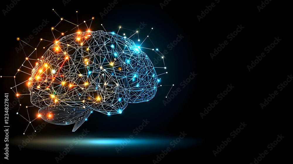 Poster abstract representation of a brain with glowing connections on a dark background