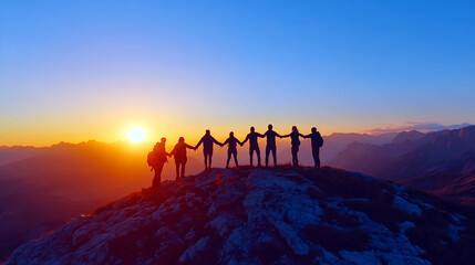 A group of hikers stand on a mountain peak with their arms linked together as the sun sets, creating a silhouette against the vibrant sky. The moment symbolizes unity, collaboration.