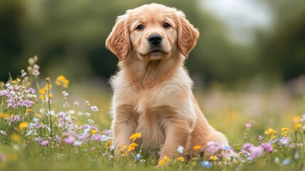 Golden retriever puppy sitting in a colorful field of wildflowers during sunny day