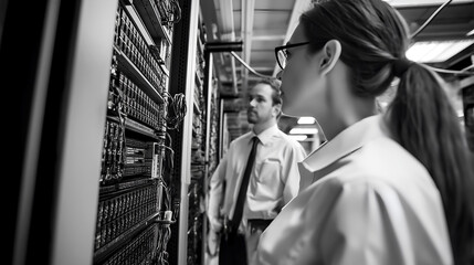 Focused IT professionals working on a server rack in a data center, showcasing technical expertise and collaboration in a digital infrastructure environment