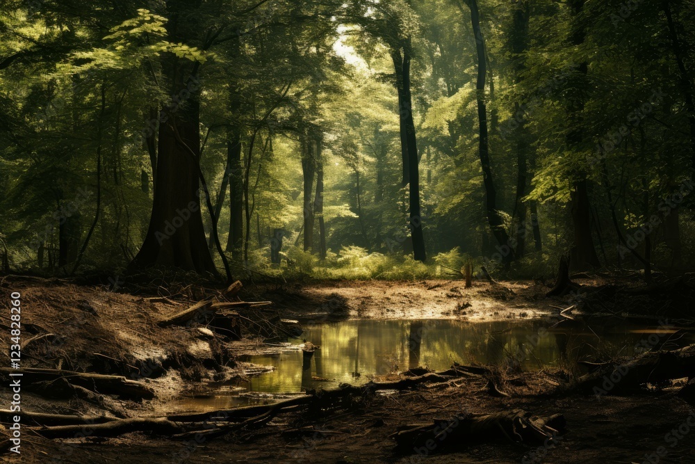 Aufkleber sunbeams are filtering through trees in a lush primeval forest with a small pond reflecting the sunl