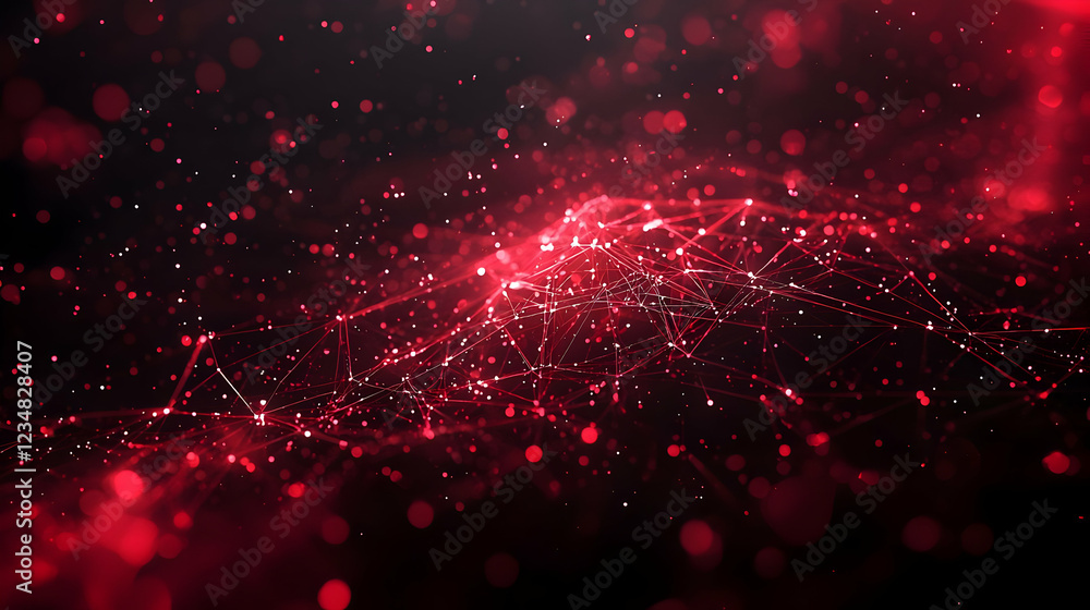 Poster abstract red digital background with glowing particles and network connections