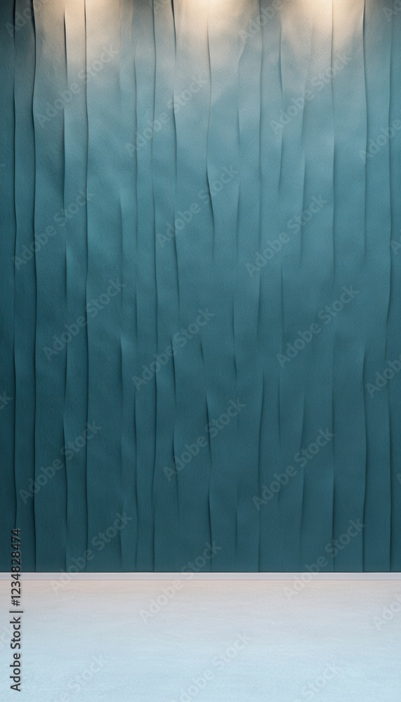 Poster teal textured wall with subtle wave pattern, illuminated by soft overhead lighting.