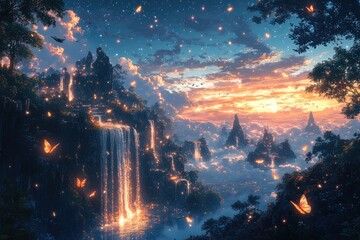 Fototapeta premium Magical Waterfall Landscape With Glowing Butterflies