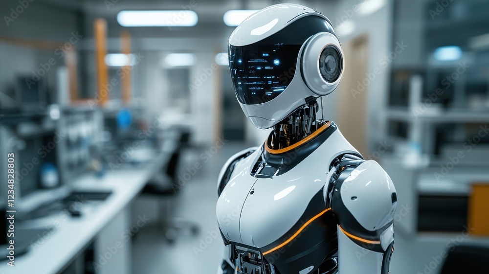 Poster futuristic ai robot standing in a modern room with a computer and technology equipment
