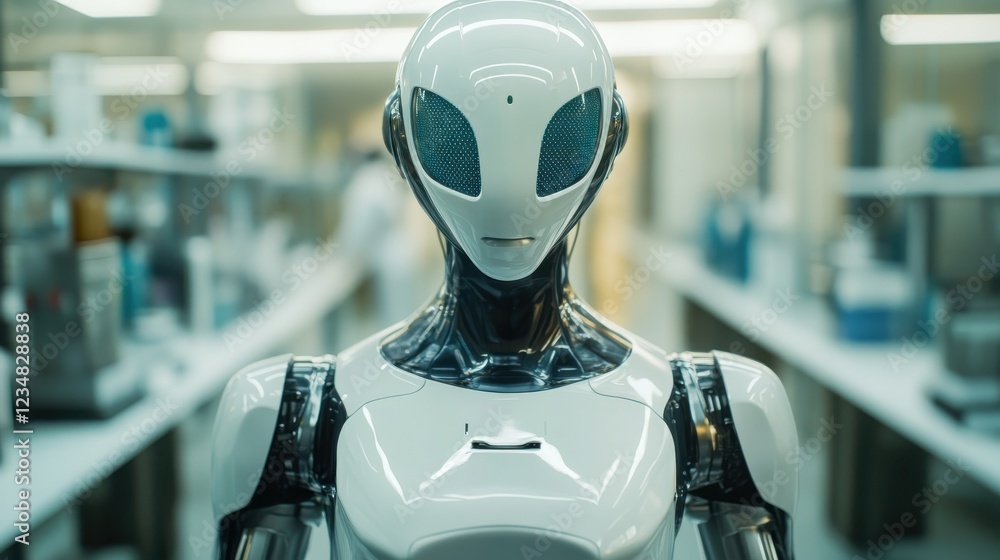 Poster futuristic humanoid robot standing in a modern laboratory environment with advanced technology