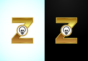 English letter Z with electric bulb in gold color, Creative idea logo concept