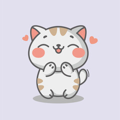 Super Cute Chabi Cat Happy expression. kawaii style vector illustration. White Baby Cat cartoon character. Kids tee print design. Pet Animal Icon in flat cartoon style