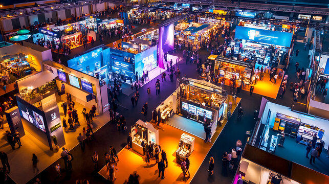Aerial view of a bustling trade show or exhibition with numerous booths, attendees, and vibrant lighting creating a dynamic atmosphere of commerce and networking 