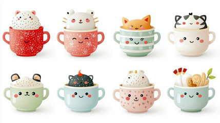 Cute animal cups with smiling faces and playful designs, featuring various adorable characters like cat, fox, and panda, each holding delightful treats
