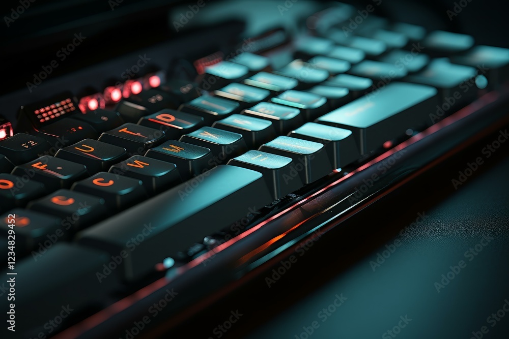 Poster modern black keyboard with orange backlight showing keys in close up
