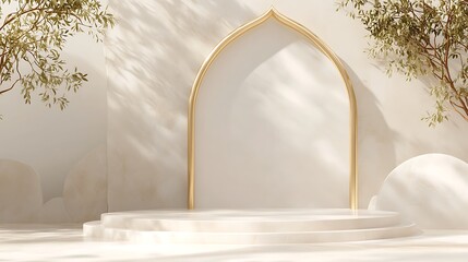 Elegant Minimalist Stage with Golden Arch and Plants