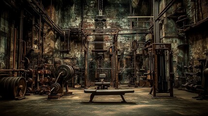 Abandoned industrial gym, rusty equipment, grunge backdrop, workout space