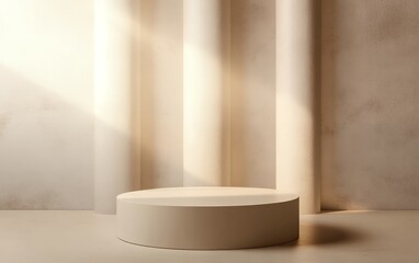 Modern minimalist beige display podium with soft light and vertical columns for elegant product presentation and high-end branding visuals