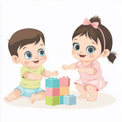 vector illustration of a cute baby boy and girl playing with building blocks ,